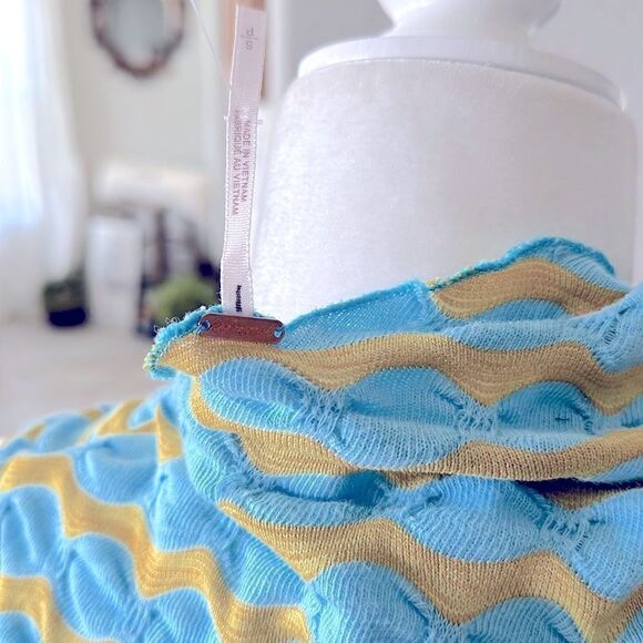 NWOT Free People Mock Neck Sleeveless Wavy Stripes Blue Mustard Tank Racer Back - Picture 8 of 11